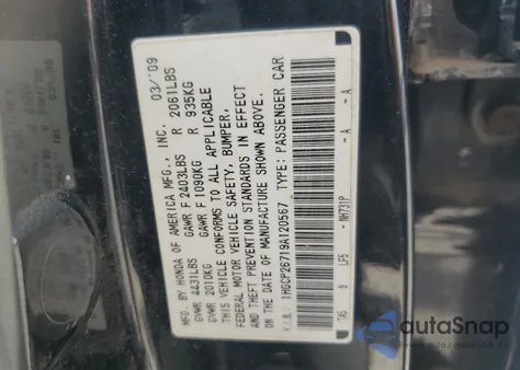 2009 Honda Accord Ex z USA, uszkodzony, nr VIN 1HGCP26719A120567